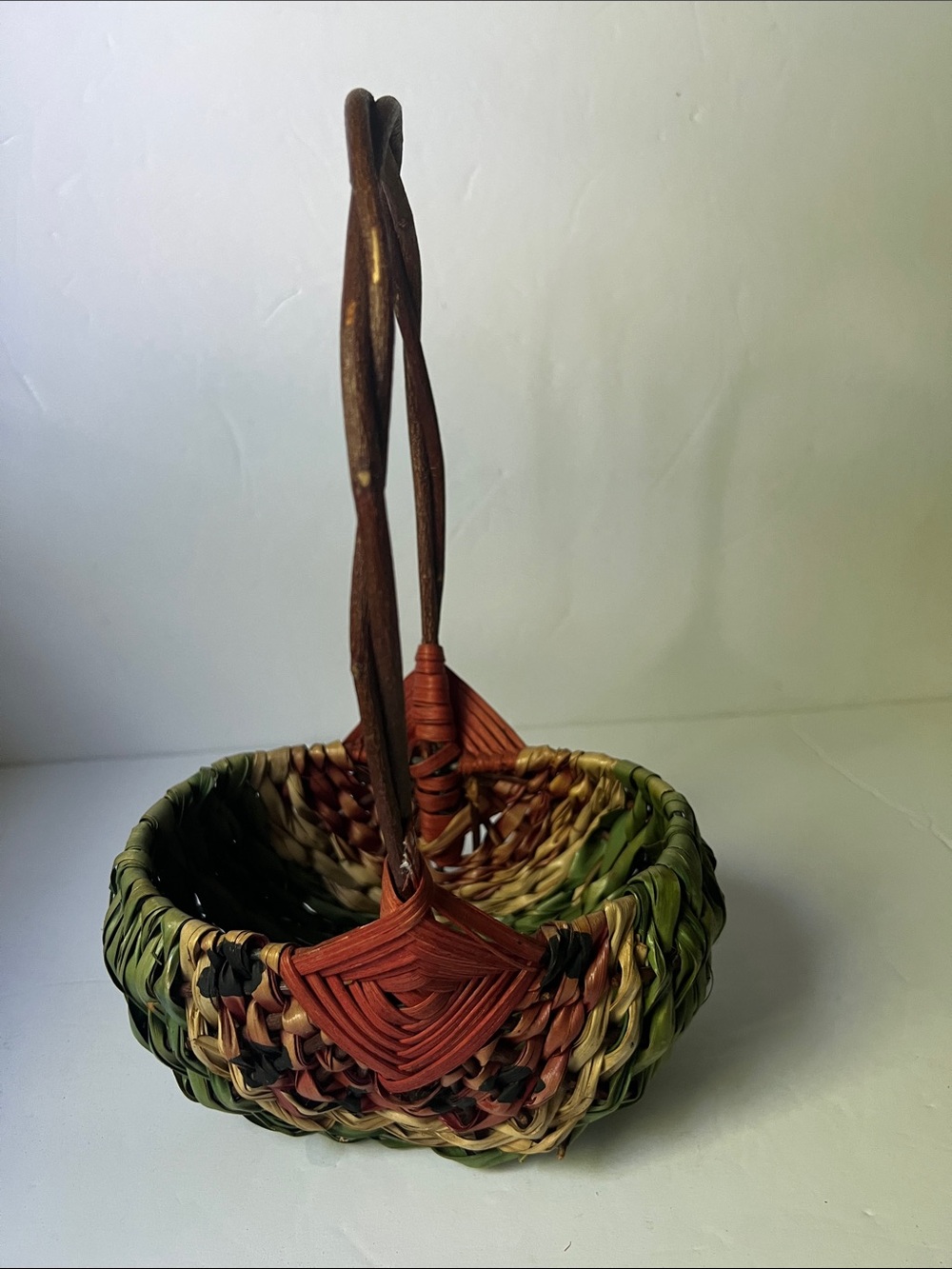 Handwoven Decorative Watermelon Basket with Tall Handle - Green, Brown, Tan